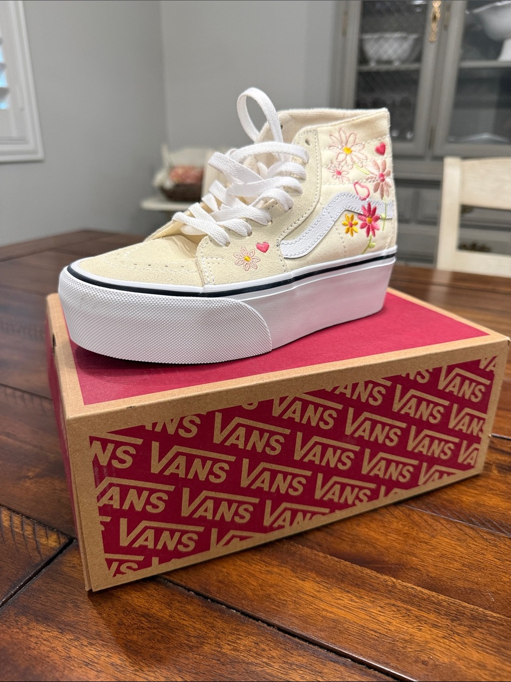 Vans Cream High-Top Platform Sneaker with Floral Embroidery